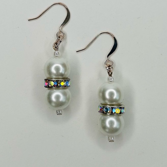 HAND CRAFTED Pearl EARRINGS White Silver Czech Crystal Rondelle Drop NWT - Picture 4 of 10